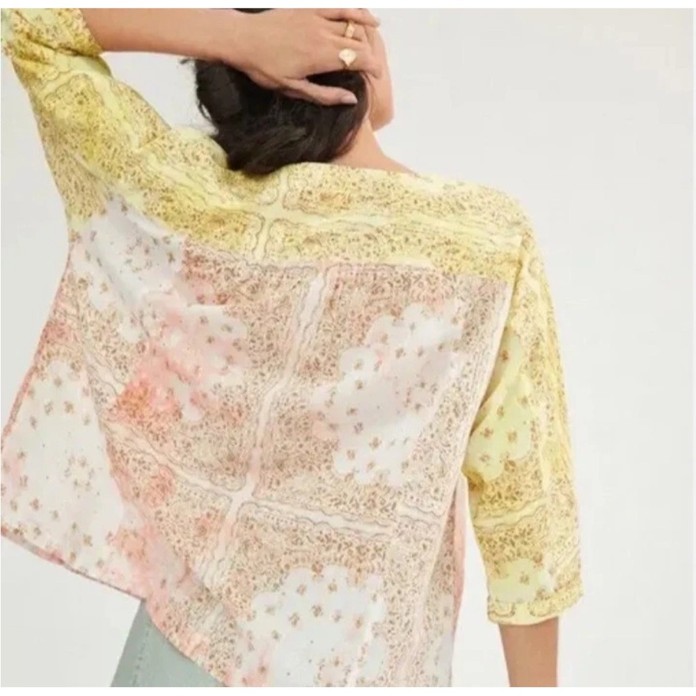 Pilcro Anthropologie Yellow and Pink Patchwork Blouse The Tavi Batik Button Top - Picture 3 of 11